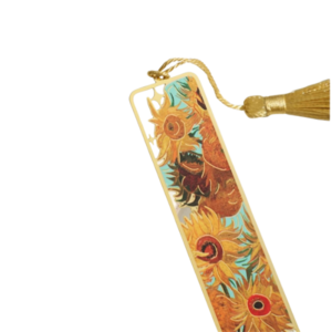 Détail du marque-page chic avec motif tournesols de Van Gogh et bordures dorées, accessoire élégant pour vos livres