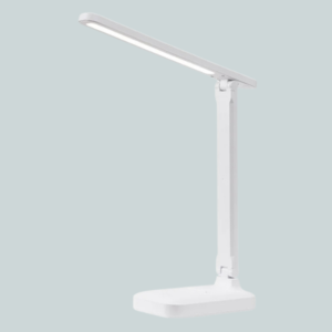 Lampe de lecture rechargeable au design pliable, idéale pour une utilisation sur bureau ou table de chevet.