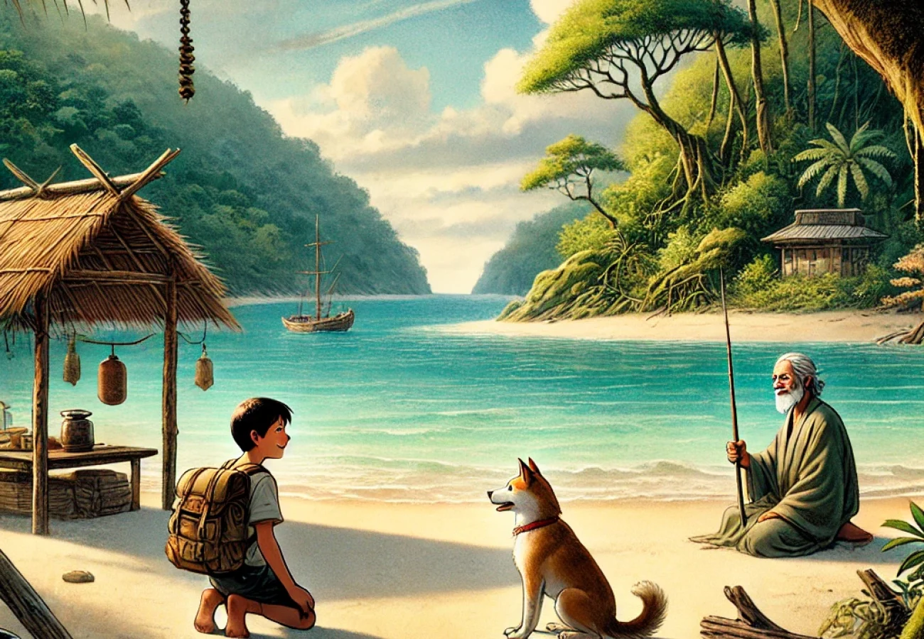 DALL·E 2024-07-07 15.49.50 - An evocative book cover illustration for 'Le Royaume de Kensuké' by Michael Morpurgo. The scene depicts a young boy, Michael, on a deserted island, wi