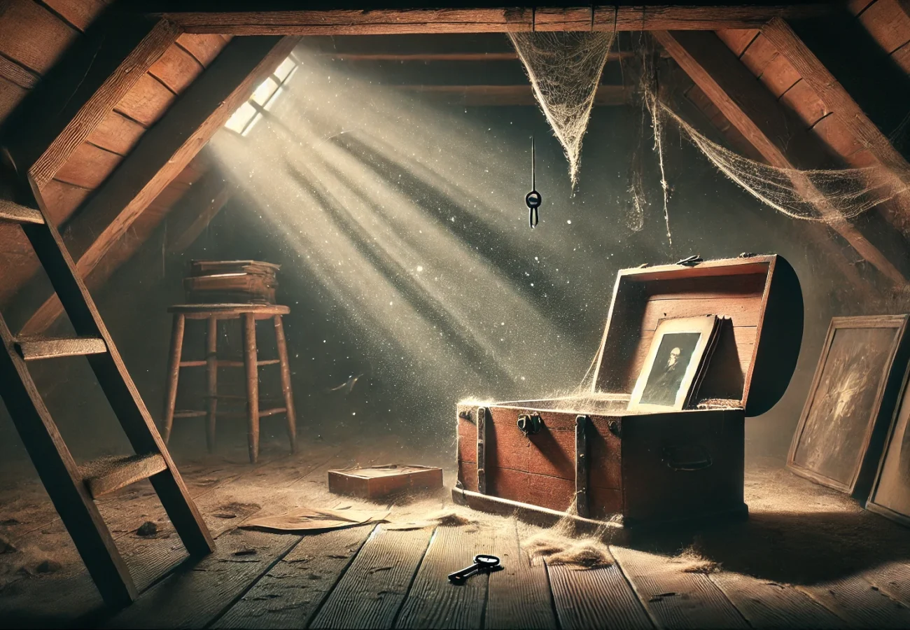 DALL·E 2024-07-29 09.48.00 - A mysterious and evocative illustration that inspires a sense of secrecy. The scene depicts an old attic with dim lighting. There is a wooden chest pa