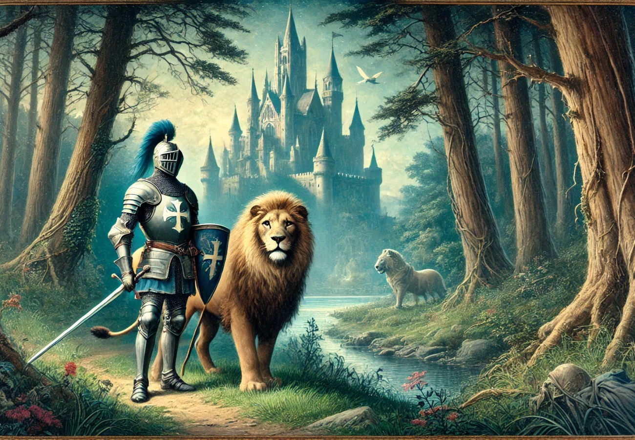 DALL·E 2024-08-03 01.05.41 - An evocative illustration for 'Yvain ou le Chevalier au Lion' by Chrétien de Troyes. The scene shows a brave knight, Yvain, in shining armor, standing