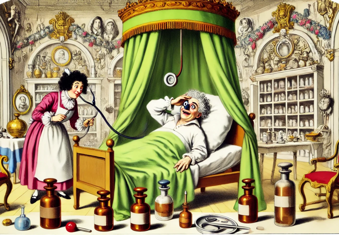 DALL·E 2024-08-03 01.17.45 - A lively and humorous illustration for 'Le Malade imaginaire' by Molière. The scene shows Argan, the hypochondriac, lying in bed surrounded by an arra