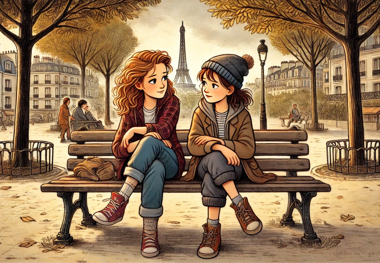 DALL·E 2024-07-22 08.47.03 - A heartwarming and detailed illustration for the book 'No et moi' by Delphine de Vigan. The scene shows Lou, a teenage girl, and No, a homeless young