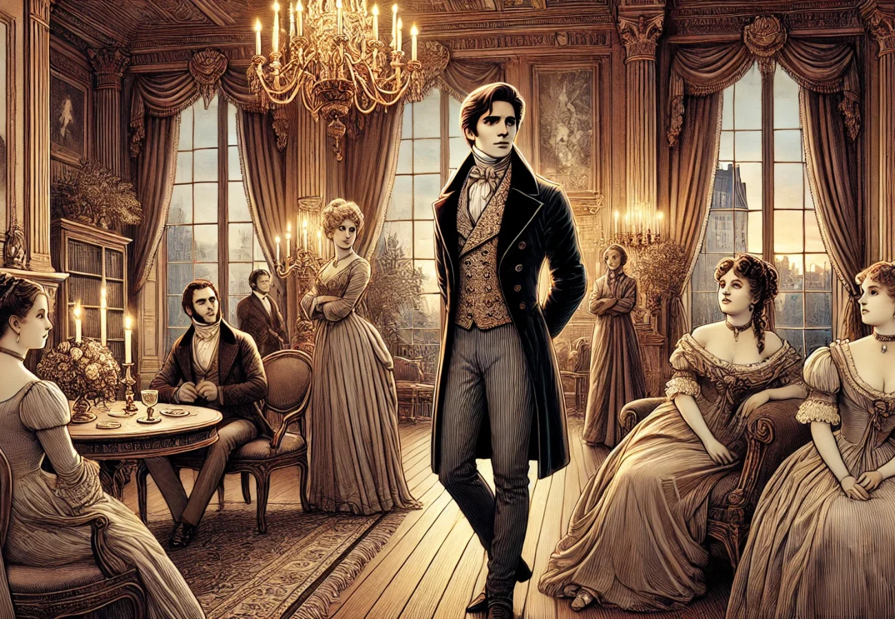 DALL·E 2024-11-15 09.47.35 - An evocative illustration for 'Bel-Ami' by Guy de Maupassant. The scene shows Georges Duroy, a charming and ambitious young man, dressed in elegant 19