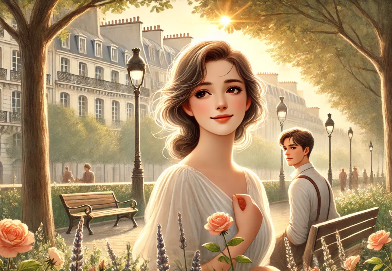 DALL·E 2024-11-15 10.09.22 - A gentle and romantic illustration for 'La Délicatesse' by David Foenkinos. The scene shows Nathalie, a young and elegant woman, standing with a soft