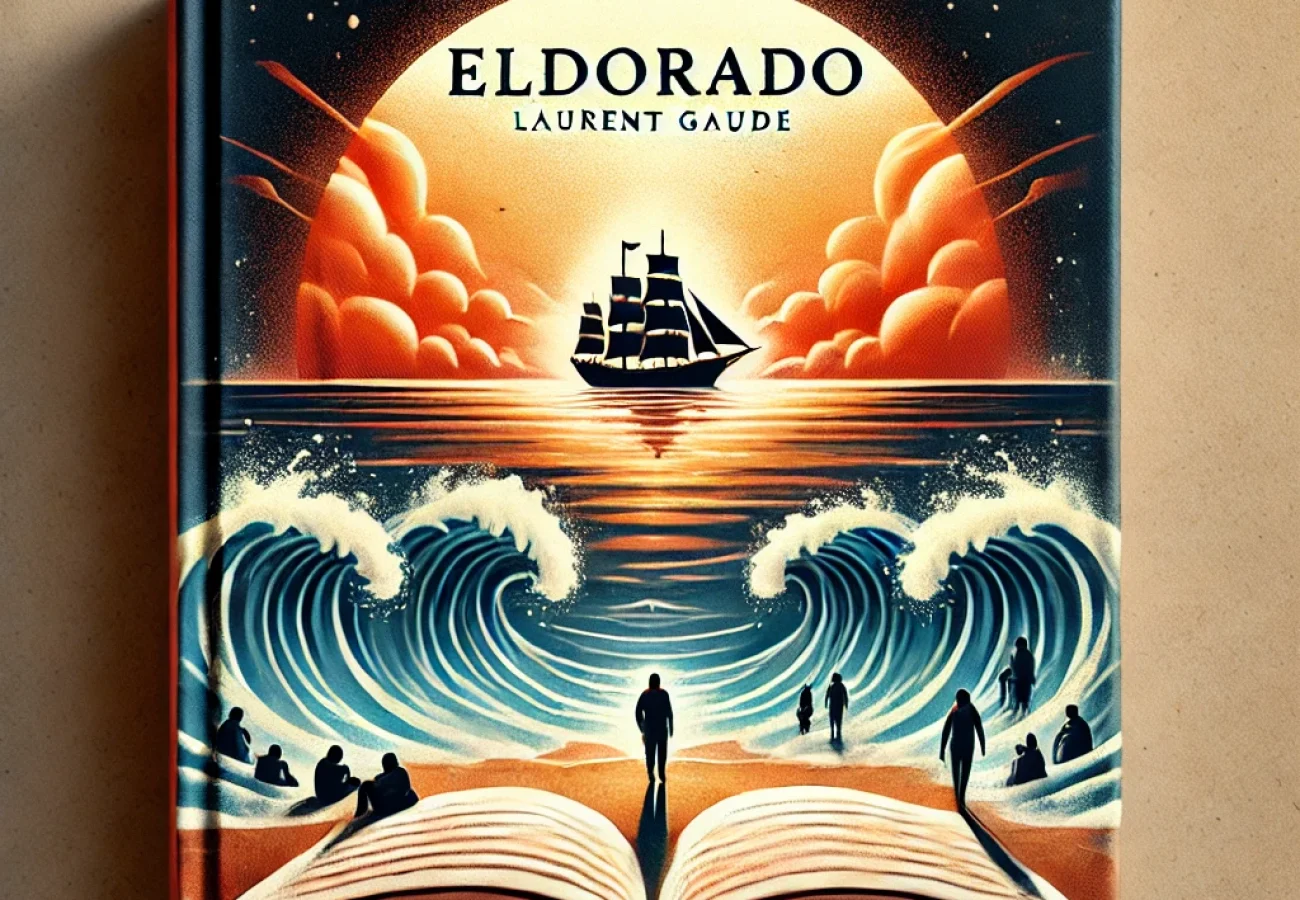 DALL·E 2025-01-02 17.57.16 - A captivating cover image for an article about the book 'Eldorado' by Laurent Gaudé. The design includes an open book with a Mediterranean sea backgro