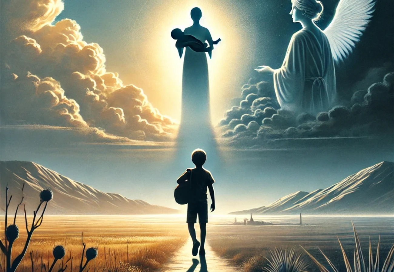 DALL·E 2025-01-02 18.08.58 - A striking cover image for an article about the book 'Le Passeur' by Lois Lowry. It features a silhouette of a boy walking on a path surrounded by a b